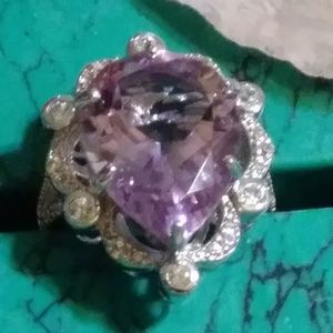 AFRICAN AMETHYST, WHITE ZIRCON. STERLING RING. SIZE 6